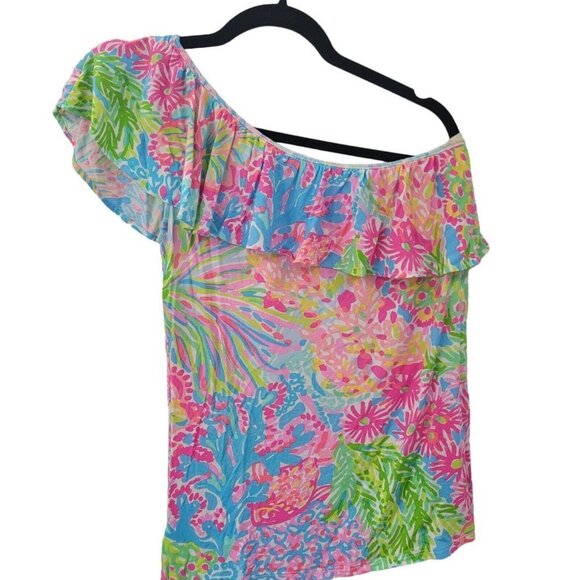 Lilly Pulitzer Floral One Shoulder Ruffle Top Womens Small Coral Beach Vacation - Picture 3 of 7